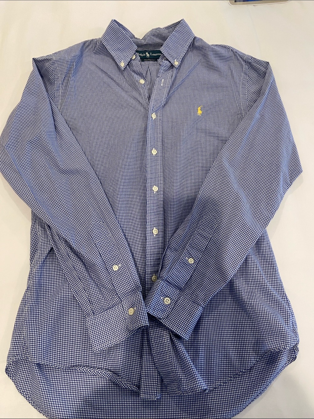 Ralph Lauren Blue Micro-Check Button-Down Shirt with Yellow Pony